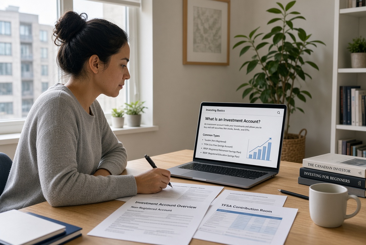 Person studying investment account materials at a home desk with laptop open to educational content about TFSAs and RRSPs